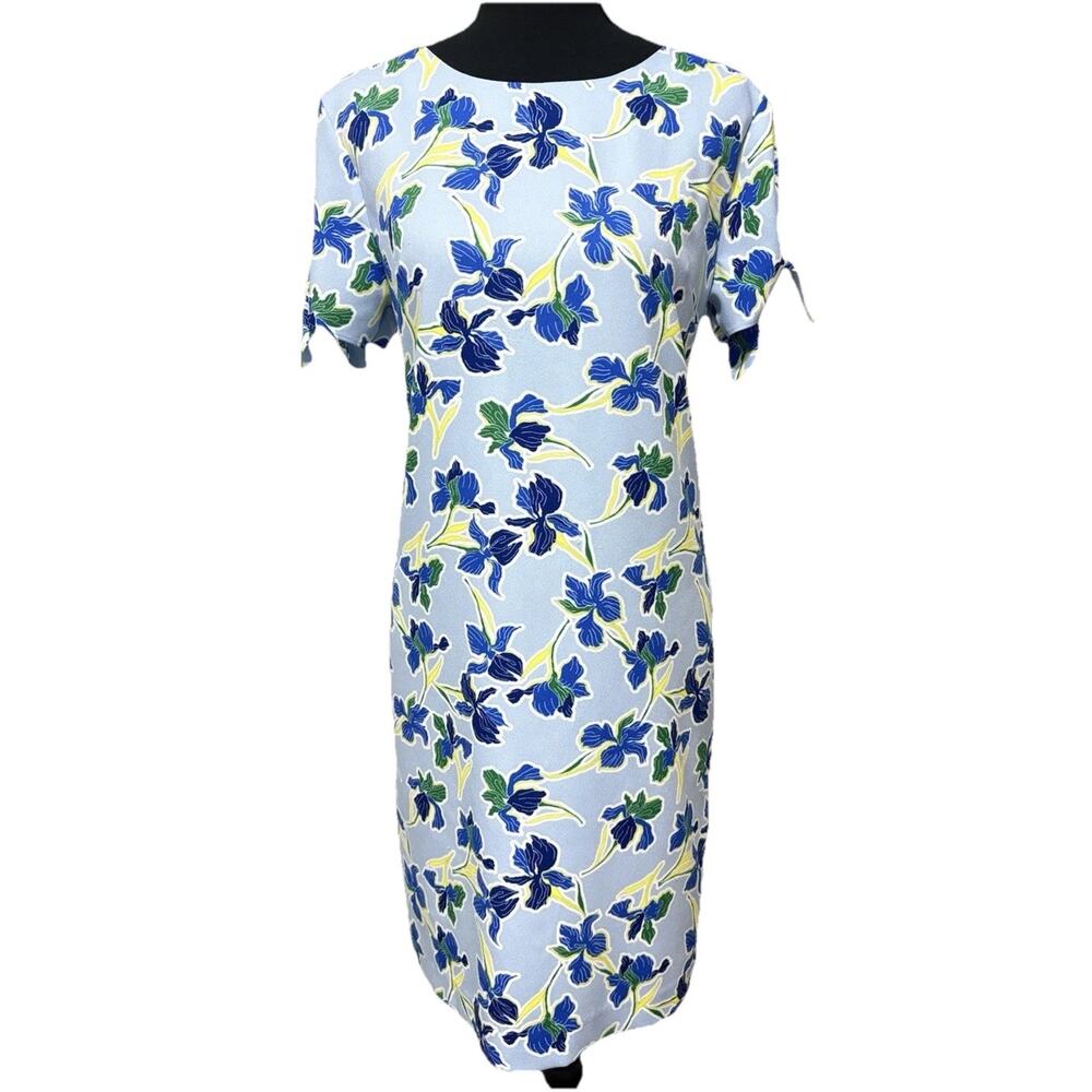 Banana Republic Blue Floral Shift Dress Women Small Tie Sleeve Sheath Midi